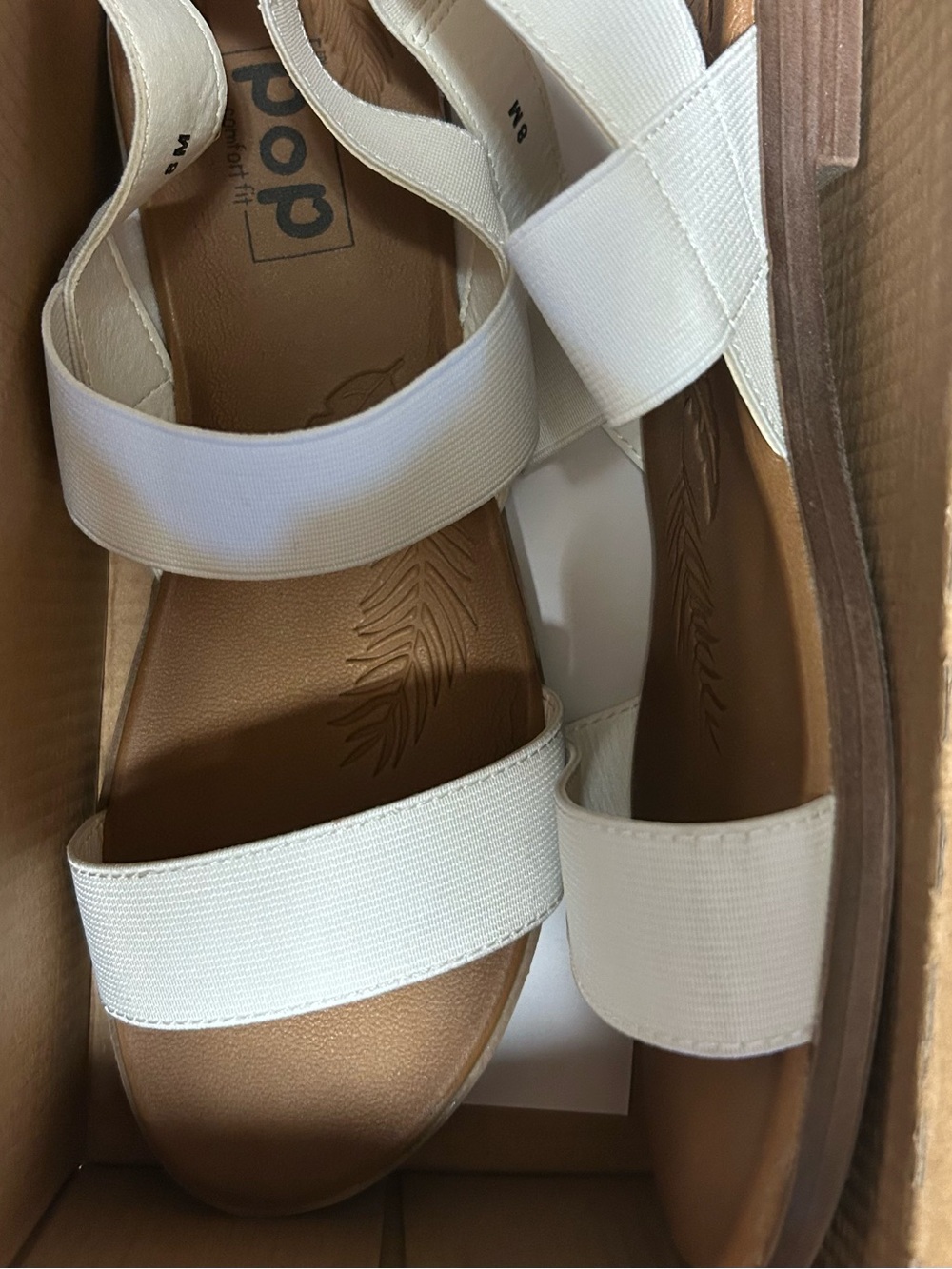 pop White Elastic Strap Sandals with Tan Footbed